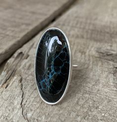 Large Oval Black and Neon Veined Dragon Agate Sterling Silver Ring | Boho | Large Oval Agate Ring | Dragon Stone Ring by GildedBug on Etsy Black Oval Agate Jewelry, Sterling Silver Rings Boho, Dragon Stone, Tiffany Art, Agate Ring, Unique Handmade Jewelry, Ring Boho, Asheville Nc, Jewelry Companies