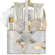 PRICES MAY VARY. COMPLETE SPA GIFT SET - Soothe and diffuse stress with a luxurious at-home spa treatment! Beautifully packaged bath and shower basket in a marble cosmetic bag, this bath gift set makes for an extraordinary gift, and adds a lovely touch to the bathroom. Contains a 2in1 Shampoo and Conditioner, Body Lotion, Shower Gel, Body Scrub, Bath Oil, Exfoliating Loofah Gloves wrapped in a Marble Cosmetic Bag with Ribbon and Hangtag. WHITE JASMINE FRAGRANCE - The calming scent of White Jasmi Gift Basket For Women, Bath And Body Gift Set, Gift Set For Men, Spa Basket, Gift Baskets For Women, Home Spa Treatments, Bath Gift Set, Spa Gift Basket, White Jasmine