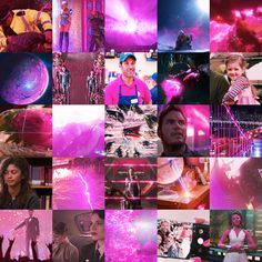 a collage of photos with people in the background and pink lights on them,