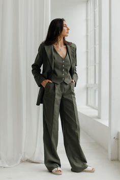 Khaki Green Linen 3-piece matching suit straight Jacket, Vest and Palazzo Pants.Summer formal pants suit.Women's suit with vest and blazer. MATERIAL: Natural linen with the addition of cotton: 90% linen, 10% cotton. COLOURS: Kelly Green, Beige, Black, Lemon, Hot Pink, White WE OFFER TO UNPACK SUIT IN DIFFERENT SIZES Blaze and Pants (see the Variations) SIZES-LENGTH: XS size: Blazer-65cm, Sleeves-60cm, Pants-108cm S size: Blazer-67cm, Sleeves-61cm, Pants-109cm M size: Blazer-69cm, Sleeves-62cm, P Women's Vests And Pants, Professional Dress Code Women, Womens Tuxedo Outfit Wedding Plus Size, Oversized Suit Women Outfit, Vest Outfits For Women Wedding, Women Suit With Tie, Best Woman In Wedding Outfit Suit, Sewing Suits For Women, Women’s Formal Suit