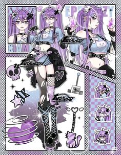 an anime character with purple hair and black boots, holding a tray in her hand