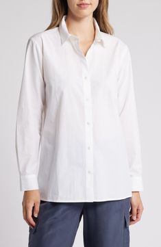 A classic spread collar furthers the modern-chic style of this button-up shirt fashioned from organic cotton. 29" length Front button closure Spread collar Long sleeves with button cuffs 100% organic cotton Machine wash, tumble dry Imported Classic Everyday Shirt With Spread Collar, Classic Shirt With Spread Collar For Everyday, Timeless Relaxed Fit Button-up Shirt, Classic Everyday Shirt With Buttons, Classic Blouse With Relaxed Fit And Spread Collar, Everyday Classic Button-up Dress Shirt, Timeless Cotton Shirt For Daywear, Classic Everyday Button-up Dress Shirt, Classic Everyday Blouse With Spread Collar