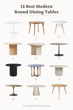 the 12 best modern round dining tables in various sizes and colors, with text overlaying