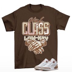 High Class Spizike Low Neapolitan Archaeo Brown Sneaker Matching Tee Shirt Brown The unisex heavy cotton tee is the basic staple of any wardrobe. It is the foundation upon which casual fashion grows. All it needs is a personalized design to elevate things to profitability. The specially spun fibers provide a smooth surface for premium printing vividity and sharpness. No side seams mean there are no itchy interruptions under the arms. The shoulders have tape for improved durability. .: 100% cotto Brown Cotton T-shirt With Logo Print, Brown Shirt With Letter Print For Streetwear, Brown Letter Print Shirt For Streetwear, Brown Cotton Graphic Tee, Air Jordan Retro 9, Jordan Spizike, Unique Sneakers, Sneaker Match Tees, Matching Tees