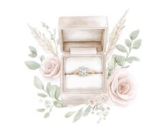 an engagement ring sits in a box surrounded by flowers and leaves on a white background