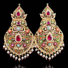 Yarrah Earrings - á La Couture Temple Jewelry Kundan Earrings For Festivals, Festival Kundan Temple Jewelry Earrings, Kundan Temple Jewelry Earrings For Festivals, Kundan Pearl Earrings With Stone Work For Festivals, Multicolor Temple Jewelry Bridal Earrings With Intricate Design, Festive Stone Work Temple Jewelry Earrings, Temple Jewelry Stone Work Danglers For Celebration, Temple Jewelry Danglers With Stone Work For Celebration, Multicolor Chandbalis With Intricate Temple Design