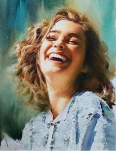 a painting of a woman laughing with her eyes closed