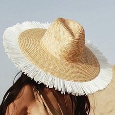 Fringed Panama Straw Hat * Color Khaki, White * 100% Rattan * Straw * Crown: 22.8” White Flat Brim Panama Hat For Spring, White Summer Fedora With Curved Brim, White Panama Hat With Short Brim For Spring, White Curved Brim Straw Hat For Spring, Casual White Wide Brim Hat, White Flat Brim Straw Sun Hat, White Straw Sun Hat With Flat Brim, White Fedora Panama Hat For Warm Weather, White Curved Brim Panama Hat For Spring