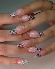 This set is beautiful ✨🩷 #nails #nailinspo #christmasnails Multicolor Rhinestone Nails, Multi Colored Gem Nails, Birthday Diamond Nails, Bling Tip Nails, Birthday Nails Gems, Cute Junk Nails, Gemmed Nails, Nails Ideas With Charms, Colorful Gem Nails