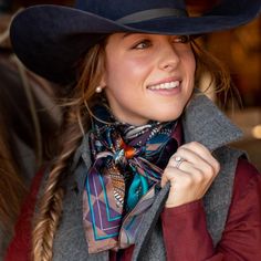 Cowboy Pictures, Neck Scarf Tying, Fringe Fashion, Orange Turquoise, Geometric Border, Wild Rag, Silk Set, Ranch Life, Fringe Scarf