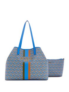 Carry it all in style with this spacious faux-leather tote featuring an updated logo print with striping and text details at center front. Green Tote Bag With Logo, Logo Coated Canvas Shopping Bags, Blue Large Capacity Coated Canvas Bag, Large Capacity Blue Coated Canvas Bag, Blue Shoulder Bag With Logo And Double Handles, Blue Double Handle Shoulder Bag With Logo, Multicolor Travel Bag With Logo, Blue Leather Bags With Logo, Trendy Logo Bags For On-the-go