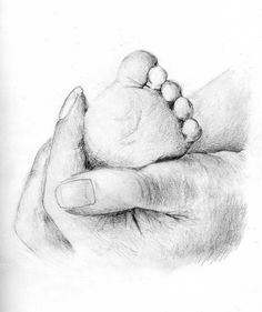 a pencil drawing of a hand holding a baby's foot with beads on it