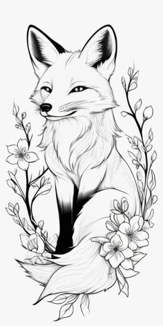 a black and white drawing of a fox with flowers