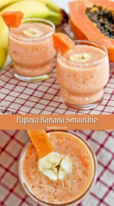 papaya banana smoothie in small glasses on a table