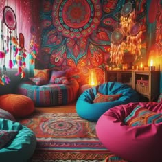 this room is decorated in bright colors and has bean bags on the floor, with candles lit