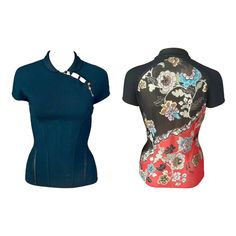 Roberto Cavalli S/S 2003 Chinoiserie Cheongsam Collar Tie Cap Sleeve Blouse Top Size L Designer Fitted Silk Top, Traditional Fitted Evening Tops, Blusas Top, Cap Sleeve Blouse, Slim Aarons, Cap Sleeves Blouse, Roberto Cavalli, Cheongsam, Outfit Idea