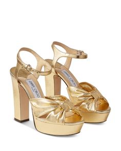 Jimmy Choo Women's Heloise 120 Platform High Heel Sandals Spring 2023 Shoes, Jimmy Choo Gold, Evening Heels, Shoes For Me, Metallic Look, Leather Platform Sandals, Platform High Heels, Gold Heels, Sandals For Sale