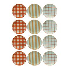 six orange and white checkered plates on a white background