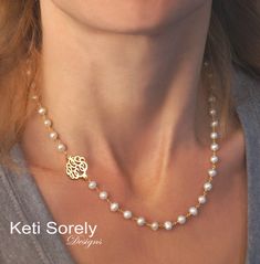 "Dainty freshwater pearl necklace will be featuring your script initials in pretty script font. Order this necklace in Sterling Silver, Yellow Gold or Rose Gold. Create one of the kind personalized git for wedding, Mother's day, formal dress or just a personal keepsake. Designs by Keti Sorely. Pearl color: white Creation method: cultured Pearl size: 8 mm round Monogram size: optional from 1/2\" or 3/4\" Chain length - optional from 14\" to 18\" For shorter chain please leave the note at the chec Elegant White Monogram Jewelry, Elegant Personalized Pearl Necklace, Elegant White Monogram Necklace, Elegant Personalized Pearl Necklace As A Gift, Elegant Monogram Necklace For Anniversary, Elegant Initials Jewelry For Wedding, Elegant Monogram Jewelry, Elegant Formal Monogrammed Jewelry, Elegant Formal Monogram Jewelry