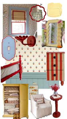 a collage of photos with furniture and wallpapers in red, white, blue, and yellow