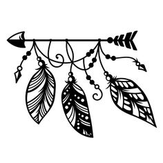 a drawing of three feathers hanging from a branch with beads and arrows on it's end