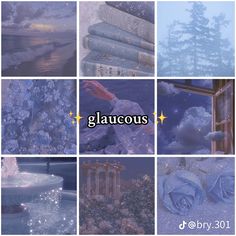 the collage shows different scenes in blue and white, with text that reads glauous