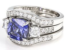 Bella Luce® tanzanite and white diamond simulants 5.58ctw square cushion and round rhodium over sterling silver ring set of 3. Measures approximately 0.81"L x 0.56"W and is not sizable.