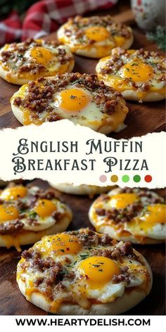 english muffin breakfast pizzas with eggs on top and sausage in the middle are ready to be eaten