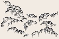 an artistic drawing of many elephants in the air with their tails curled up and facing each other