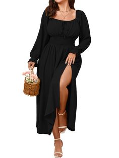 PRICES MAY VARY. Material: Plus Size Dresses For Curvy Women Are Made Of Soft And Breathable Fabric Keeps You Pleasant And Comfortable All Day Feature: Plus Size Maxi Dress/ Boho Dress For Women/ Tie Front Dress/ Plus Size Casual Dress/ Plus Size Long Sleeve Dress/ Long Dress With Smocked/ Off The Shoulder Dresses/ Square Neck Dresses/ Lantern Sleeve/ Elastic Cuff/ Stretch High Waist/ Ruffle A-Line Dress/ Regular Thickness Two Ways To Wear: You Can Wear The Plus Size Dress As A Square Dress Or A Cocktail Attire For Women Plus Size, Country Cocktail Attire, Wedding Guest Dress Amazon, 20s Party Outfit, Dress Plus Size Long Sleeve, Plus Size Long Sleeve Dress, Square Neck Dresses, Dress Plus Size Casual, Dinner Date Dress