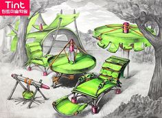 a drawing of green chairs and umbrellas in the woods