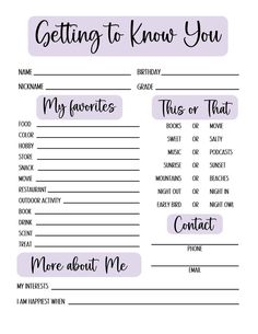 a printable list with the words getting to know you