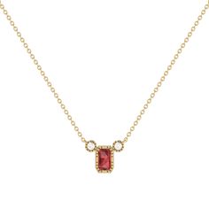 Enhance your wardrobe with timeless elegance courtesy of our Emerald Cut Garnet Birthstone Necklace. Perfect for January birthdays, garnet symbolizes enduring bonds of friendship and trust. Crafted meticulously in 14K Yellow Gold, this necklace features a striking 5 by 3 mm emerald-cut garnet gemstone, accented by 0. 04 carats of natural diamonds in a refined bezel setting. Its 18" diamond-cut chain, complete with jump rings at 16" and 17", allows for customizable length for effortless layering. Formal Birthstone Necklace Fine Jewelry, Refined Rose Cut Diamond Jewelry As Gift, Formal 14k Gold Birthstone Necklace With Gemstone, 14k Gold Birthstone Necklace With Gemstone For Formal Occasions, Timeless Garnet Jewelry For Anniversary, Formal 14k Gold Birthstone Necklace, Elegant Yellow Gold Ruby Necklace, Luxury Yellow Gold Birthstone Necklace With Gemstone, Elegant Formal Birthstone Necklace With 17 Jewels