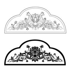 an ornamental design with flowers and leaves in black and white, on a white background