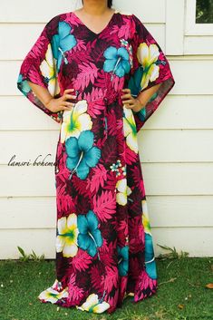 "Measurement and detail: 👉Fabric: 100% Breathable and Comfy Rayon 👉Special Feature: Adjustable rope around the waist to tighten the kaftan 👉Size: One Size Fits Most (M-5XL) Extremely comfy 👉Boho/Hippie /Hawaiian/Beach/Tropical Theme 👉Length of Dress: 55\" 👉Width of Dress: 45\" 👉Bust 60\"-90\" 👉The back is identical to front pattern 👉Great for wearing while doing arts, crafts, relaxing at your home or feeling tropical vibes. ------------------------------------------- 🌸Care Instruction: Tropical V-neck Pool Dress, Tropical V-neck Beach Dress For Festival, Tropical Printed Maxi Dress For Beach Party, Flowy Tropical Print Maxi Dress, Summer Maxi Dress With Hibiscus Print, Tropical Tunic Beach Dress For Vacation, Flowy Tropical Print Beachwear Maxi Dress, Flowy Tropical Print Maxi Dress For Beachwear, Floral Print Maxi Dress For Poolside Beach Season