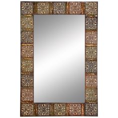 The look of aged patina creates the impression of a rediscovered relic for this traditional rustic rectangular wall mirror. Its iron frame features a tile-like pattern of ornate florals in shifting, natural tones for a multi-colored effect. Add a final touch to a rustic bedroom or bring bright reflectivity to your inviting living room.