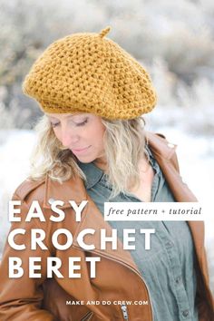 a woman wearing a crochet hat with text overlay that reads easy crochet beret