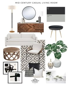 the mid century casual living room mood board is shown in white, black and grey