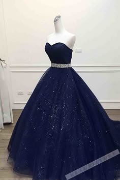 Dark blue tulle sweetheart sequins floor-length ball gown dress,08 on Storenvy Unique Prom Dresses Long, Blue Tulle Prom Dress, Unique Prom Dress, Prom Dress Two Piece, Prom Dresses Long Blue, Sparkle Prom Dress, Wedding Dress Black, Prom Dress Black, Blue Ball Gowns