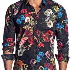 Jared Lang Button Down Shirt Brand New With Tag Black Floral Print Long Sleeve Black Buttons Semi-Fit 100 % Cotton Imported Of Italian Materials Made In Turkey Fast Shipping Elegant Multicolor Cotton Shirt, Formal Button-up Shirt With Floral Print, Designer Fitted Multicolor Shirt, Formal Floral Print Button-up Shirt, Formal Multicolor Button-up Shirt, Designer Black Shirt With Button Closure, Designer Black Shirt With Spread Collar, Designer Spring Shirt With Buttons, Multicolor Formal Tops With Spread Collar