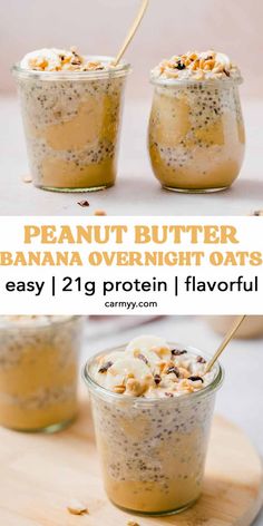 peanut butter banana overnight oatmeal in two small jars with spoons on the side