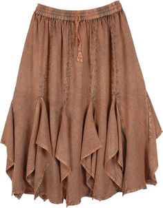 Stonewashed coppered colored western skirt with embroidery with gores at the hem. This rayon skirt has a great fall with an elastic waist and its free-flowing around hips for a comfortable fit. The embroidery is on the front as well as the back. The skirt is a distinct reminder of the old-time western skirts with a hint of the Renaissance. Ideal to wear at work or out in the evening, dress up or down with accessories. The skirt can be worn with a camisole or corset top and goes well with boots. Brown Tiered Skirt Bottoms For Fall, Brown Tiered Skirt For Fall, Brown Ruffled Skirt Bottoms, Brown Skirted Bottoms With Ruffled Skirt, Brown Skirted Bottoms With Ruffled Detail, Brown Ruffled Skirted Bottoms, Brown Ruffled Flared Skirt, Bohemian Cotton Maxi Skirt For Fall, Bohemian Flowy Skirt For Fall