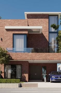 a car is parked in front of a brick building with balconies and windows