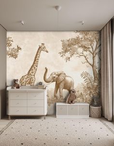 an elephant and giraffe mural in a child's room with white dressers