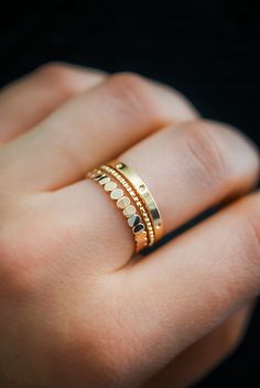 STACKED RING SET. THICK BEAD RING. 2MM. MOON RING. TEXTURED SET. LINED RING. 1MM. NOTCHED TEXTURE. EXTRA THICK DOT RING. DOTTED RING. CIRCLES. 2MM. GOLD ROSE OR SILVER. Stacking Rings Gold, Silversmithing Jewelry, Dot Ring, Three Dots, Stacking Ring Set, Three Rings, The Dot, Textured Ring, Gold Ring Stack