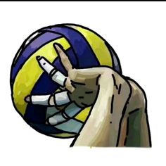 a hand holding a large volleyball ball in it's right hand, with another hand reaching for the ball