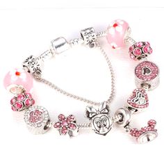 Minnie Mouse Disney Theme Pink Charms Bracelet, Fits Pandora, Womens Costume Jewelry. Comes With All Charms, Silver, New. Available In 7.5 Inches And 8.3 Inches Pink Charm Bracelet, Pink Charms, Pandora Style Bracelet, Silver Wrap Bracelet, Womens Costume, Theme Pink, Pink Charm, Pandora Style, White Bracelets