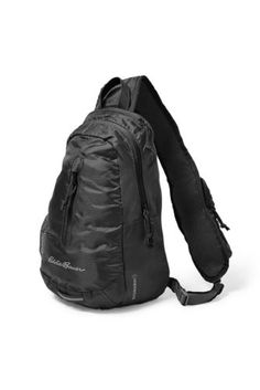 a black backpack sitting on top of a white floor