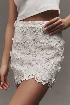 The Cami NYC Ilima Skirt showcases chic floral appliqués that dance along a flirty scalloped silhouette. | Ilima Floral Appliqué Mini Skirt by Cami NYC in White, Women's, Size: 4, Polyester at Anthropologie Cami Nyc, Floral Applique, Scalloped Hem, 50 Fashion, White Skirts, Mini Skirt, Anthropologie, Mini Skirts, Size 4