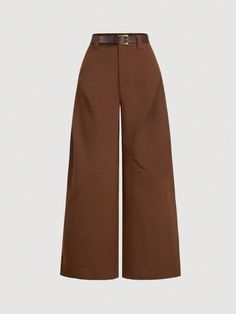 Women's Solid Color Pleated Wide Leg Autumn Pants,Khaki Women Pants, Women Dress Pants, Women's Solid Color Front Button Minimalist Casual Pants, Free Leash Brown Elegant   Woven Fabric Plain Wide Leg Non-Stretch  Women Clothing, size features are:Bust: ,Length: ,Sleeve Length: Autumn Pants, Women Dress Pants, Khaki Pants Women, Black Wide Leg Pants, Fall Pants, Elegant Dresses Long, Plus Size Pants, Pantalon Large, Women Pants